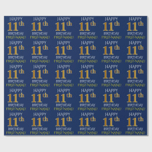 Blue, Faux Gold "HAPPY 11th BIRTHDAY" Wrapping Paper