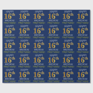 Blue, Faux Gold "HAPPY 16th BIRTHDAY" Wrapping Paper