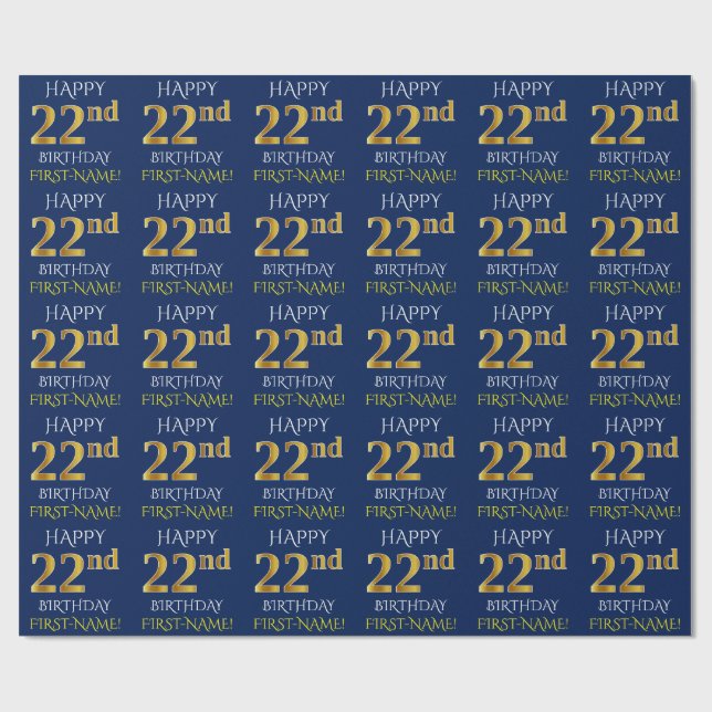 Blue, Faux Gold "HAPPY 22nd BIRTHDAY" Wrapping Paper (Flat)