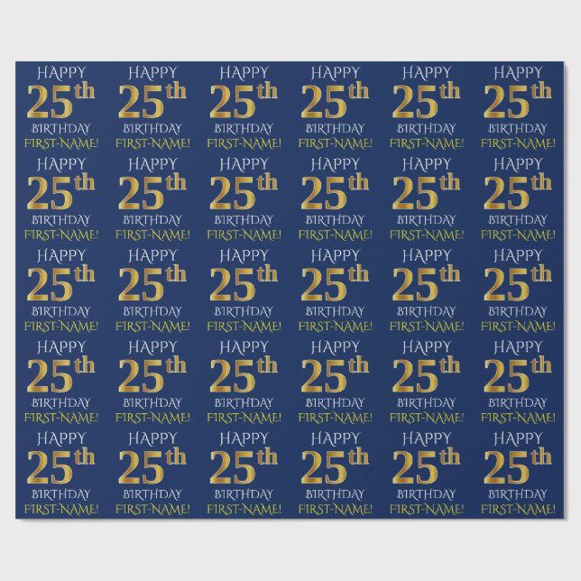 Blue, Faux Gold "HAPPY 25th BIRTHDAY" Wrapping Paper (Flat)