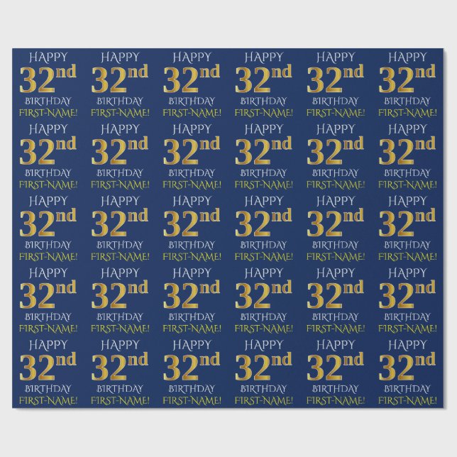 Blue, Faux Gold "HAPPY 32nd BIRTHDAY" Wrapping Paper (Flat)