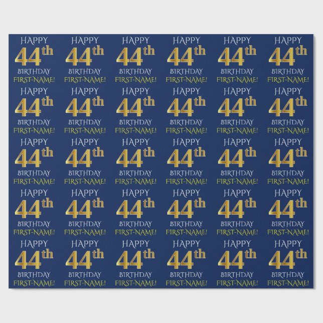 Blue, Faux Gold "HAPPY 44th BIRTHDAY" Wrapping Paper (Flat)