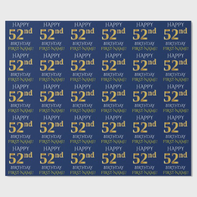 Blue, Faux Gold "HAPPY 52nd BIRTHDAY" Wrapping Paper (Flat)