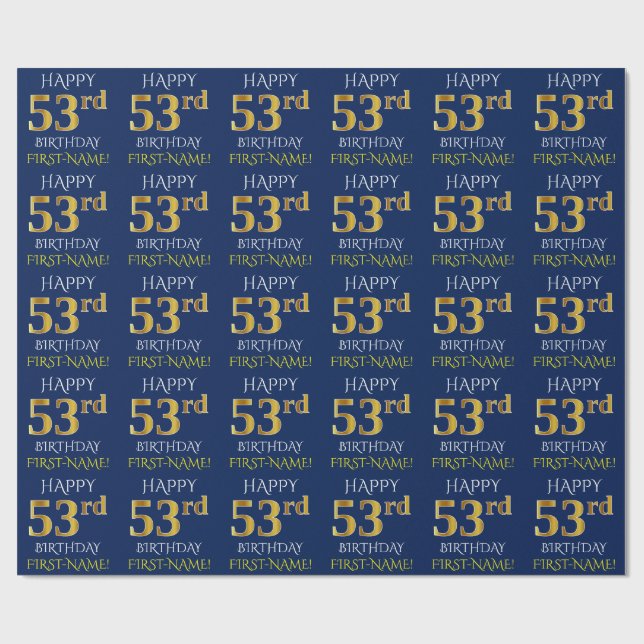 Blue, Faux Gold "HAPPY 53rd BIRTHDAY" Wrapping Paper (Flat)