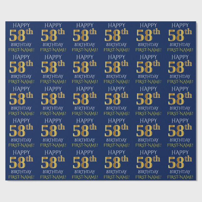 Blue, Faux Gold "HAPPY 58th BIRTHDAY" Wrapping Paper (Flat)