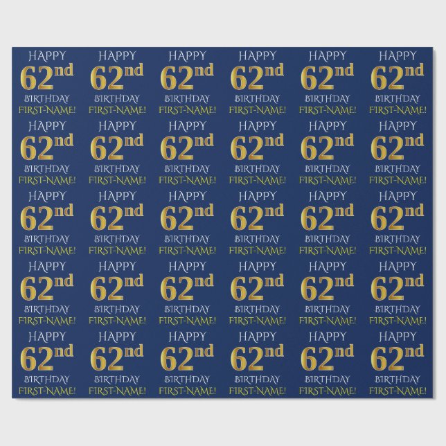 Blue, Faux Gold "HAPPY 62nd BIRTHDAY" Wrapping Paper (Flat)