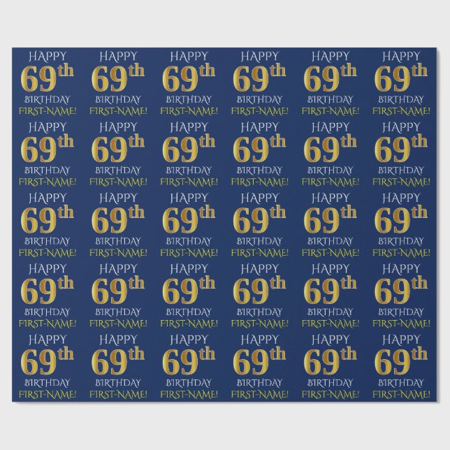 Blue, Faux Gold "HAPPY 69th BIRTHDAY" Wrapping Paper (Flat)