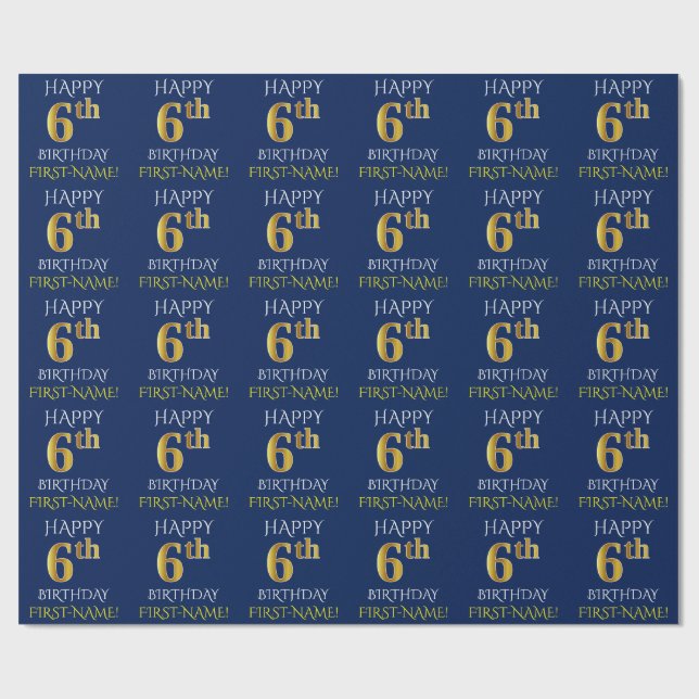 Blue, Faux Gold "HAPPY 6th BIRTHDAY" Wrapping Paper (Flat)