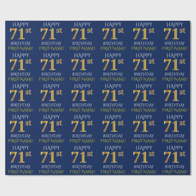 Blue, Faux Gold "HAPPY 71st BIRTHDAY" Wrapping Paper (Flat)
