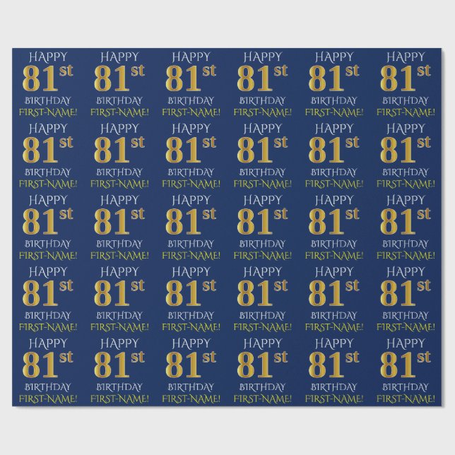Blue, Faux Gold "HAPPY 81st BIRTHDAY" Wrapping Paper (Flat)