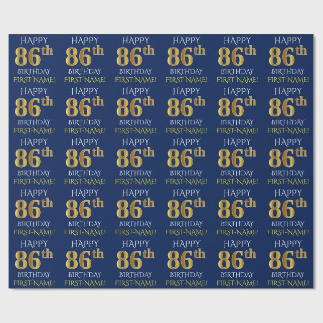 Blue, Faux Gold "HAPPY 86th BIRTHDAY" Wrapping Paper (Flat)