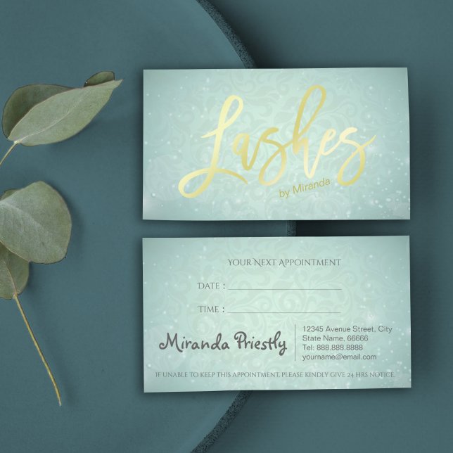 Blue Faux Gold Lashes Script Makeup Artist Appointment Card (Creator Uploaded)