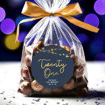 Blue Faux Gold Strings of Lights 21st Birthday Classic Round Sticker<br><div class="desc">This elegant 21st birthday round sticker feature strings of lights and the word "Twenty One" in faux gold against a dark blue background. Check out other matching items here https://www.zazzle.com/collections/strings_of_lights_faux_gold_celebration_collection-119311942951401241?rf=238364477188679314 Personalise it with your details by replacing the placeholder text. For more options click the "Customise it" button. *Please note that...</div>