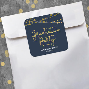 Blue Faux Gold Strings of Lights Graduation Party Square Sticker