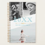 Blue Faux Gold & White Photo Collage Planner<br><div class="desc">A planner to which you can add three of your own photos to a minimalist asymmetrical collage in white and blue. Add the year in large blue numbers, and add your name or family name too!</div>