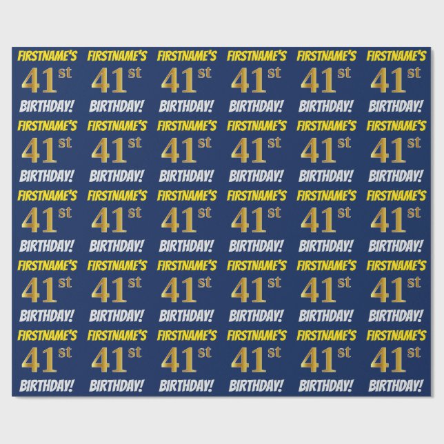 Blue, Faux/Imitation Gold, "41st BIRTHDAY" Wrapping Paper (Flat)