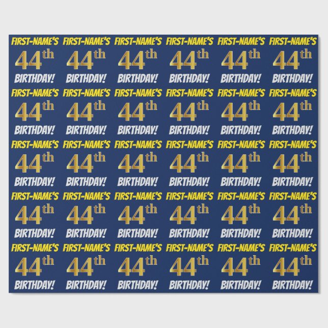 Blue, Faux/Imitation Gold, "44th BIRTHDAY" Wrapping Paper (Flat)
