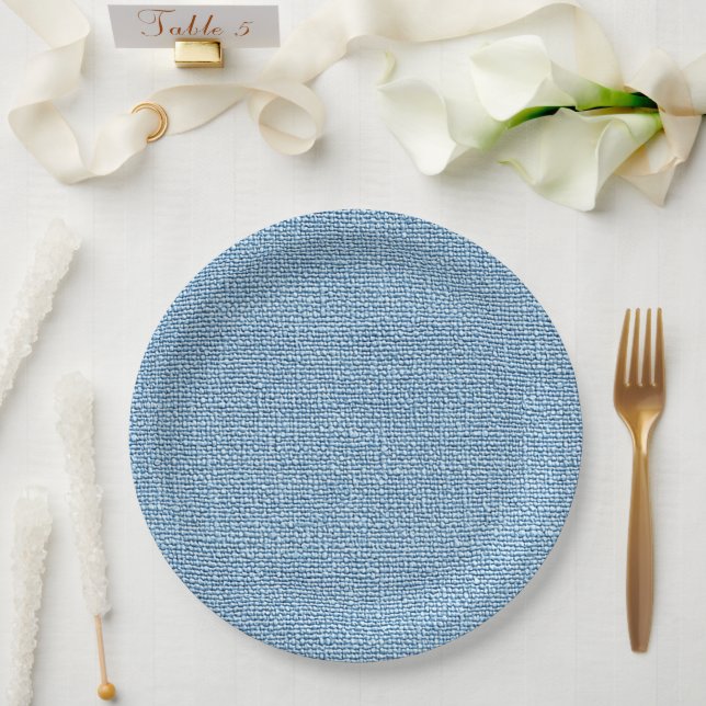 Blue Faux Linen Fabric Elegant  Paper Plate (Wedding)