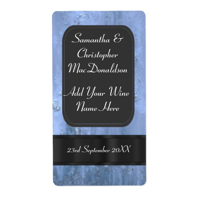 Blue faux metal wedding wine bottle (Front)