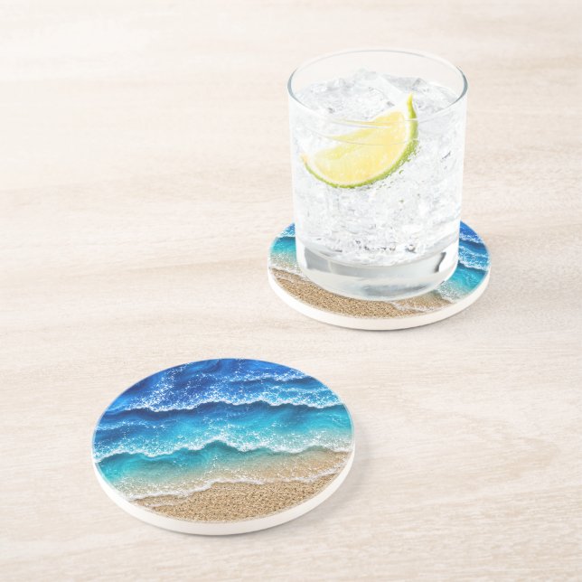 Blue Faux Resin Waves Coastal Beach Coaster (Side)