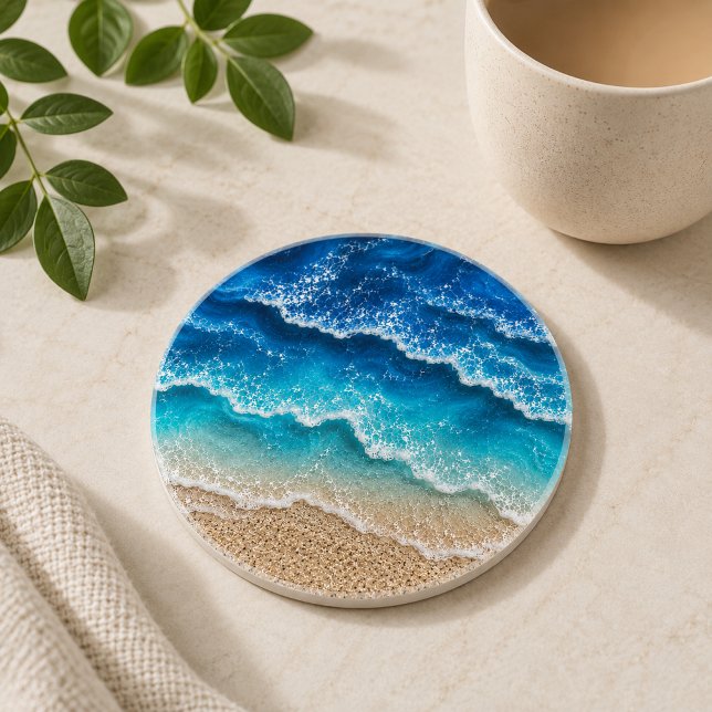 Blue Faux Resin Waves Coastal Beach Coaster (Creator Uploaded)