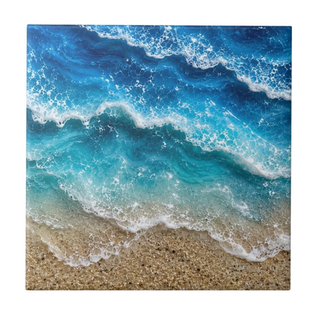 Blue Faux Resin Waves Coastal Beach Tile (Front)