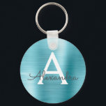 Blue Faux Stainless Steel Monogram Key Ring<br><div class="desc">Blue Faux Stainless Steel Metallic Elegant Keychain. These Keychains can be customised to include your initial and first name. These key chains make great birthday,  bridal shower or bachelorette party favours.</div>
