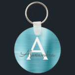 Blue Faux Stainless Steel Monogram Key Ring<br><div class="desc">Blue Faux Stainless Steel Metallic Elegant Keychain. These Keychains can be customised to include your initial and first name. These key chains make great birthday,  bridal shower or bachelorette party favours.</div>