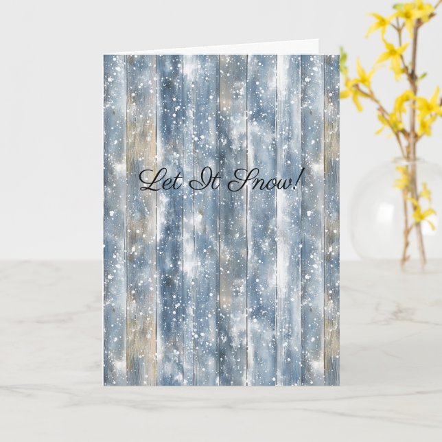 Blue Faux Wood Snow Christmas Card (Yellow Flower)