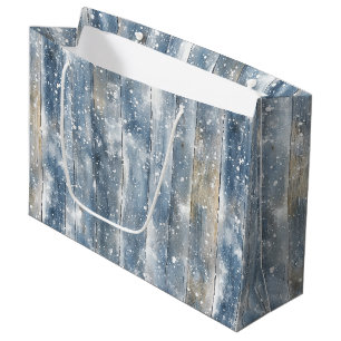 Blue Faux Wood Snow Christmas Large Gift Bag