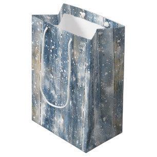 Blue Faux Wood Snow Christmas Medium Gift Bag