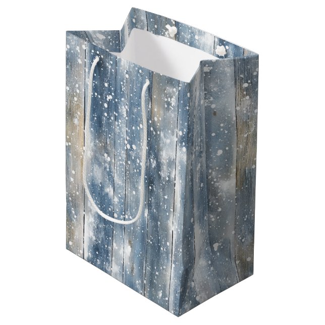 Blue Faux Wood Snow Christmas Medium Gift Bag (Front Angled)
