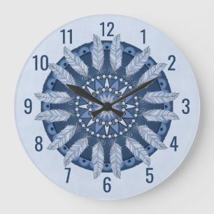 Blue Feather Mandala Large Clock