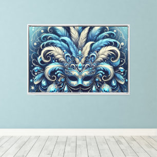 Blue Feather Masquerade Mask Illustration Canvas Print