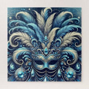 Blue Feather Masquerade Mask Illustration Jigsaw Puzzle
