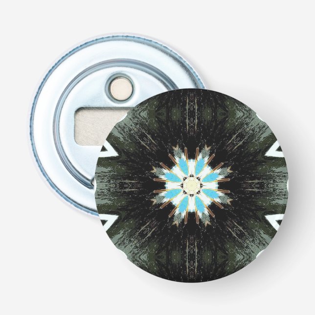 blue feather star-burst on black bottle opener (Front)