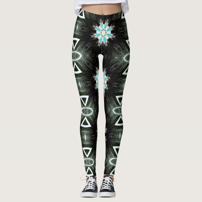 blue feather star-burst on black leggings (Front)