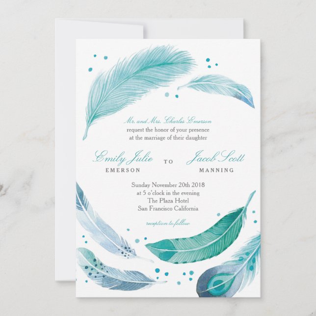 Blue Feather Wedding Invitation (Front)
