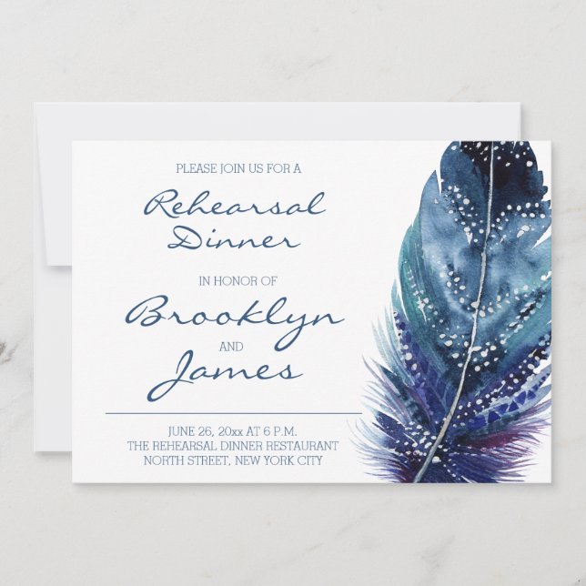 Blue Feather Wedding Rehearsal Invitations (Front)
