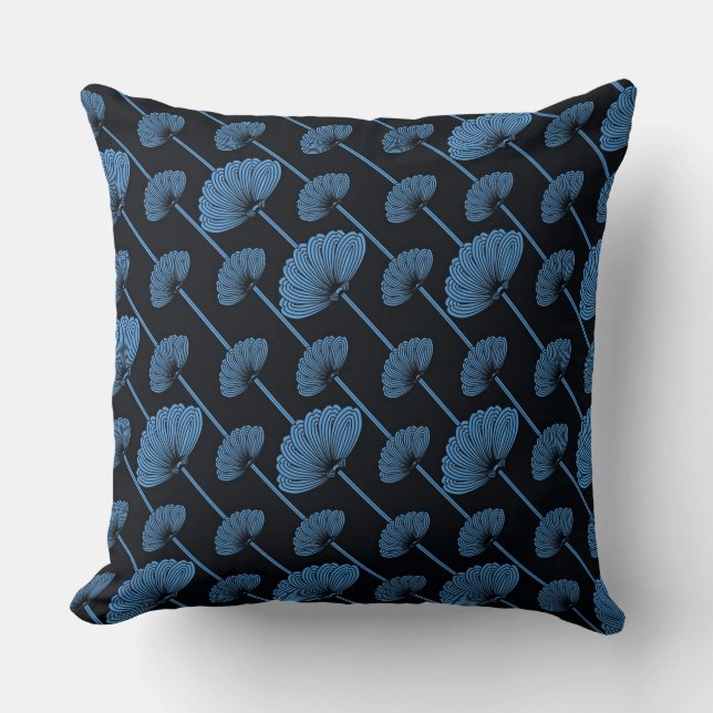 Blue Feathered Floral Fans Pattern Throw Pillow (Front)