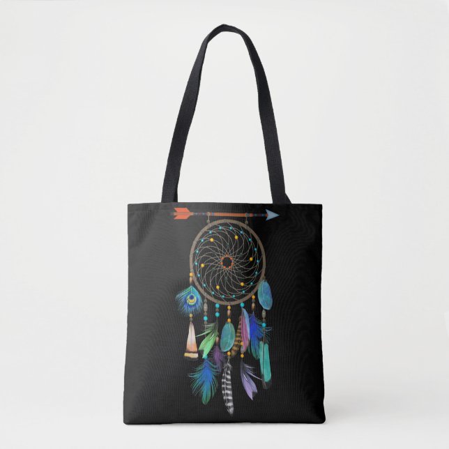 Blue Feathers | Boho Style | Dreamcatcher Tote Bag (Front)