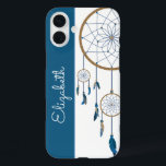 Blue Feathers Dreamcatcher Custom Name Boho iPhone 16 Plus Case<br><div class="desc">This boho style phone case features a blue and white vertical background and matching blue string dreamcatcher and feathers. Personalise the case in the text field with a name,  remove the text or click customise to select a typeface style,  size,  and colour you like.</div>