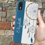 Blue Feathers Dreamcatcher Custom Name Boho Case-Mate iPhone Case<br><div class="desc">This boho style phone case features a blue and white vertical background and matching blue string dreamcatcher and feathers. Personalise the case in the text field with a name,  remove the text or click customise to select a typeface style,  size,  and colour you like.</div>
