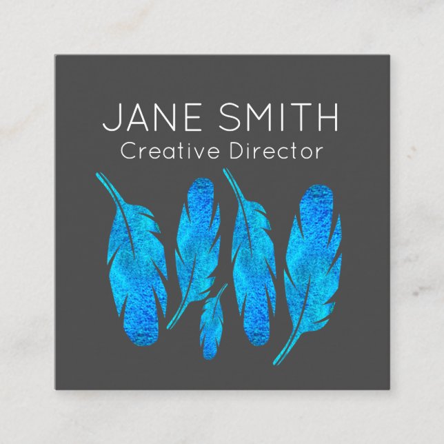 Blue feathers modern colourful creative industry square business card (Front)