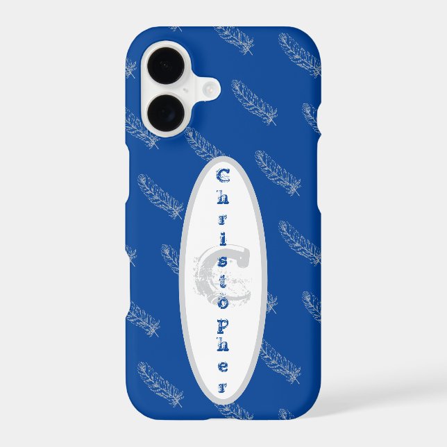 Blue Feathers Pattern Modern Template Monogram (Back)