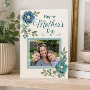 Blue Felt Floral Happy Mother's Day Kids Photo Card