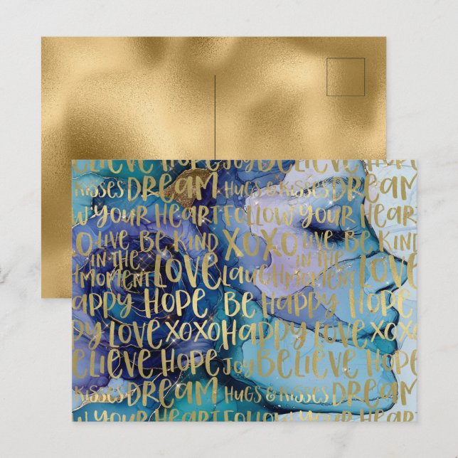 Blue Female Face Gold Inspirational Quotes Postcard (Front/Back)