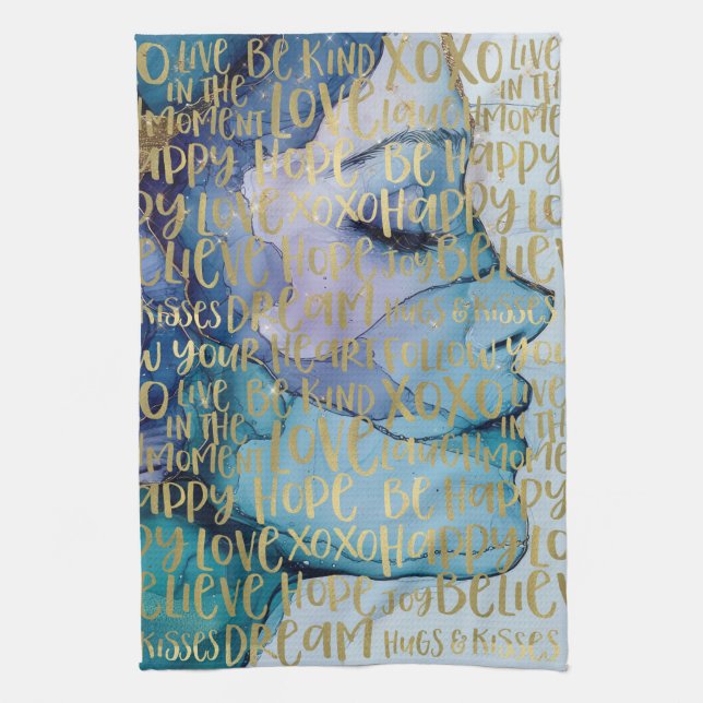Blue Female Face Gold Inspirational Quotes Tea Towel (Vertical)