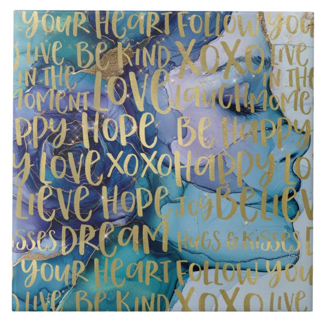Blue Female Face Gold Inspirational Quotes Tile (Front)