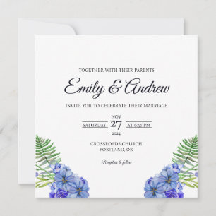 Blue Fern Border Floral Watercolor Square Wedding Invitation